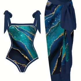 Plus Size Vacay Tankini Set, Women's Plus Colorblock Stripe Print Square Collar Tie Shoulder Bodysuit & Side Tie Maxi Bodycon Skirt Tankini Two Piece (Color: Multicolor, size: 0XL(12))