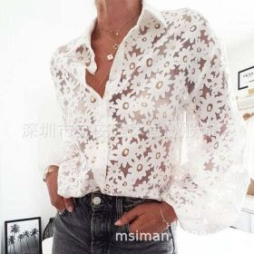 Spring Lapel Sweater Floral Print Sexy Perspective Long Sleeve (Color: White, size: L)