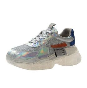 fashion laser lace up high platform casual shoes clear heels silver (Color: Silver, Shoe Size: 4)