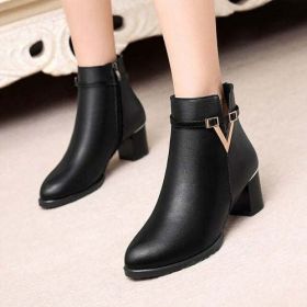 2021 Winter Women's Ankle Boots Black Plus Cotton Warm PU Leather (Color: Black, Shoe Size: 38)