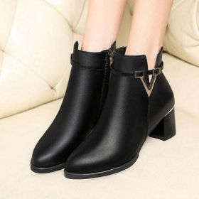 2021 Winter Women's Ankle Boots Black Plus Cotton Warm PU Leather (Color: Beige, Shoe Size: 35)