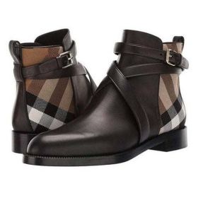 Women Pu Leather Boots Buckle Design Plaid Ankle High Fashion (Color: Auburn, Shoe Size: 44)